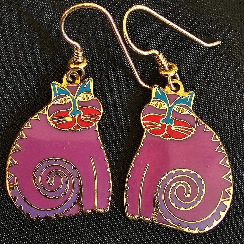 Signed Gold Tone Laurel Burch Mythical Cats Purple Red Feline Dangle Earrings